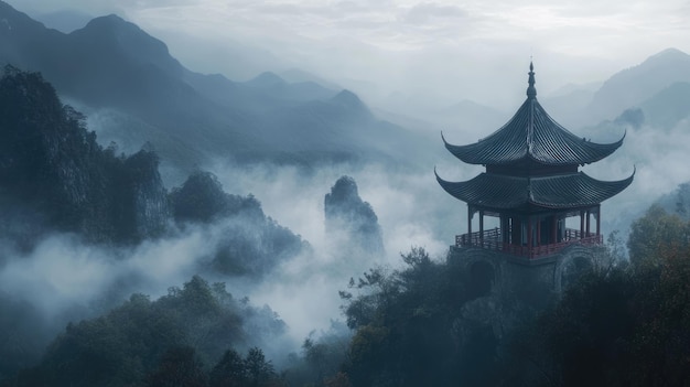 Photo ancient pagoda perched above misty mountains