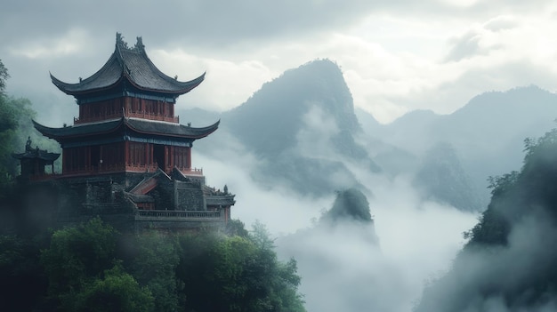 Ancient Pagoda Perched on a Mountainside Bathed in Mist