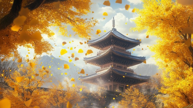 Ancient Pagoda Surrounded by Golden Autumn Trees