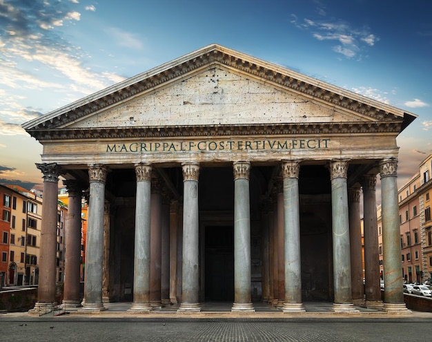 Ancient Pantheon in Rome at cloudy sunrise, Italy