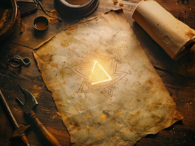 Photo an ancient parchment with a glowing triangle symbol surrounded by tools and scrolls hinting at a mystical secret