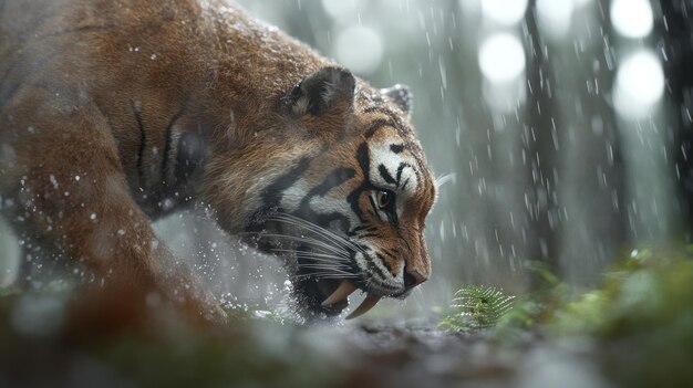 Photo ancient predator sabertoothed tiger formidable creature of prehistoric era known for its distinctive elongated canines representing a powerful symbol of strength and survival in ancient times