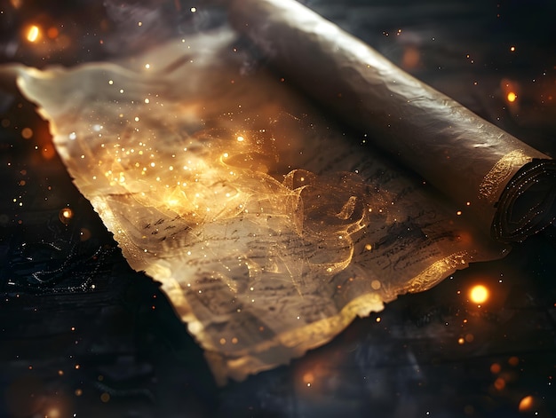 Photo ancient prophecy on an old scroll surrounded by magical