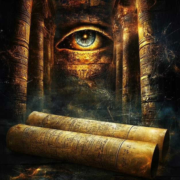 Photo the ancient prophecy preserved within a mystic temples scrolls