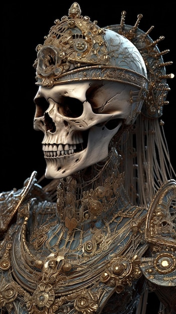 Ancient queen with her ornaments and crown Skull dressed in royal jewels