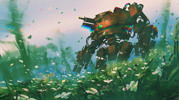 An ancient robot standing in the field of flowers digital art style illustration painting