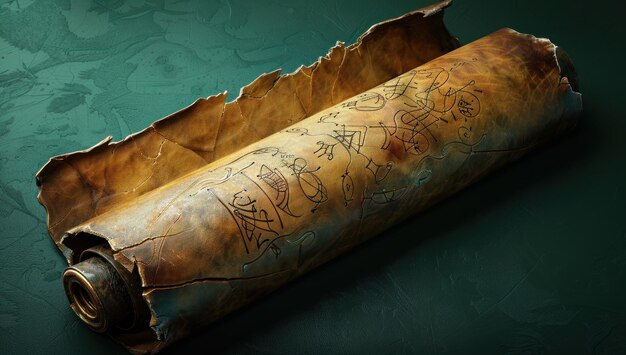 Photo an ancient rolled up scroll with mysterious symbols