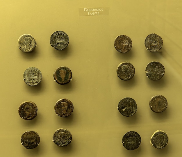 Photo ancient roman dupondii coins with door motif