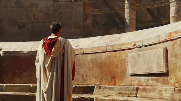 Photo ancient roman pontius pilate in a toga observing a historical site with inscriptions and pillars