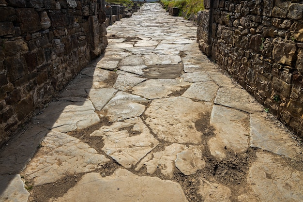 Ancient Roman road. Street in the Roman ruins of Baelo Claudia, located near Tarifa. Andalucia. Spain.