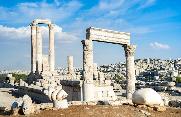 Ancient roman ruins of the citadel on top of Amman city Jordan capital