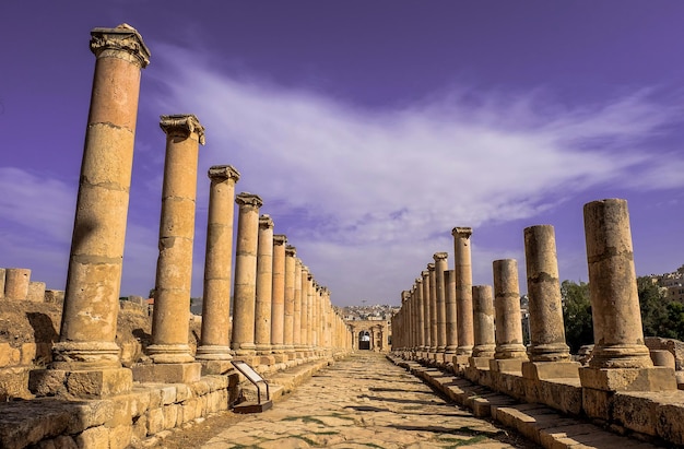 Ancient Roman ruins walkway along the columns in Jerash Jordan