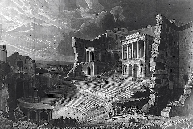 Ancient Roman theater depicted in detailed historical engravings