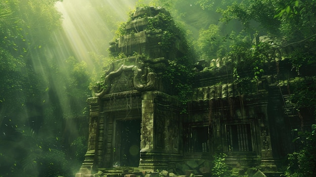 An ancient ruin on a misty mountain with forgotten temples Resplendent