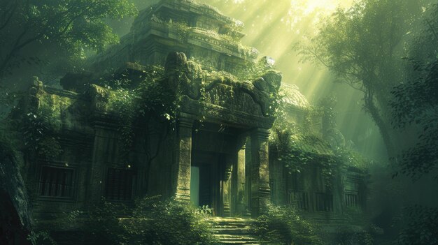 An ancient ruin on a misty mountain with forgotten temples resplendent