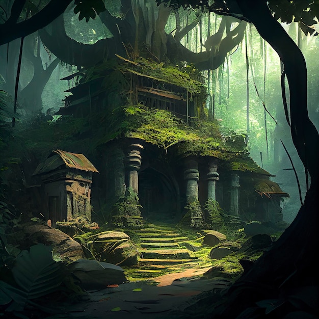 Ancient ruined temple in the jungle Generative AI