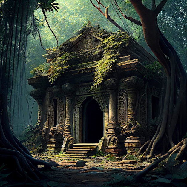 Ancient ruined temple in the jungle Generative AI