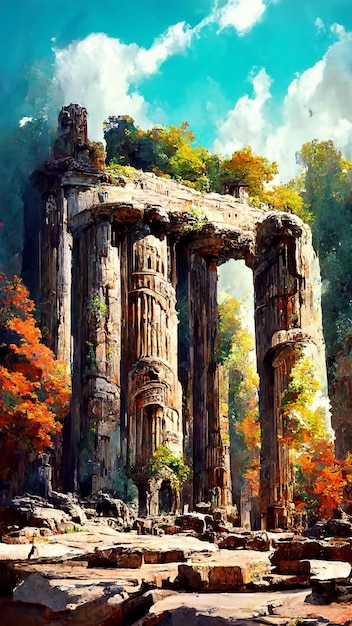 Ancient ruins of ancient city or empire history in forest 3D illustration