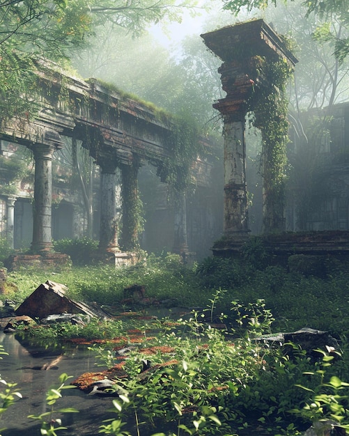 Ancient ruins covered by jungle