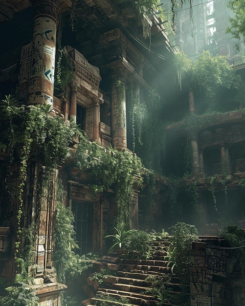 Ancient ruins covered by jungle