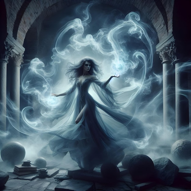 In ancient ruins the ethereal sorceress weaves spells amidst swirling shadows with haunting elegan