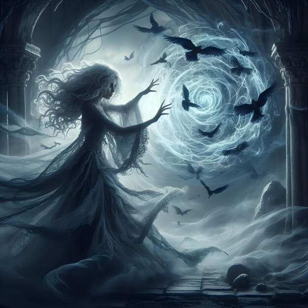 In ancient ruins the ethereal sorceress weaves spells amidst swirling shadows with haunting elegan