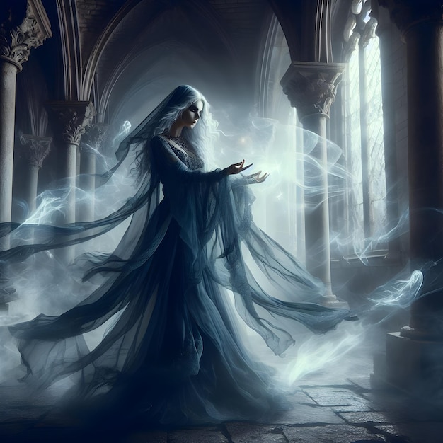 In ancient ruins the ethereal sorceress weaves spells amidst swirling shadows with haunting elegan