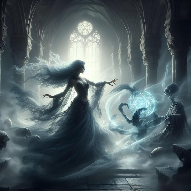 In ancient ruins the ethereal sorceress weaves spells amidst swirling shadows with haunting elegan