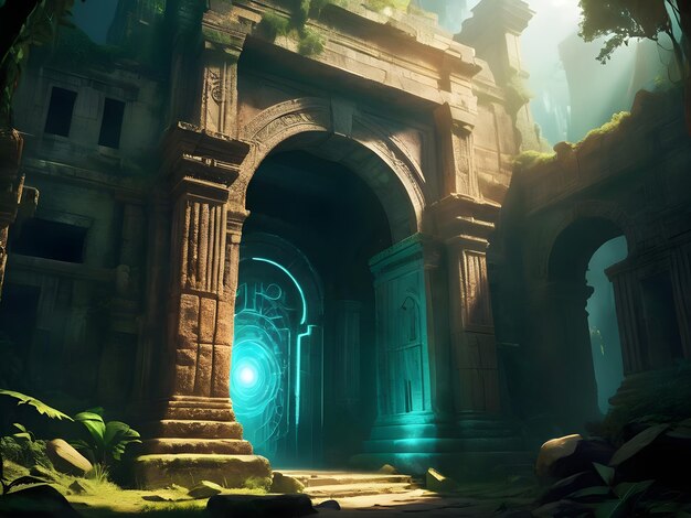 Photo the ancient ruins a glowing portal appears pulsing with otherworldly energy