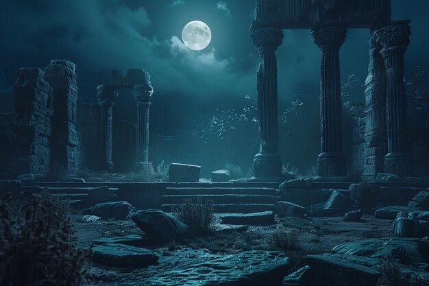 Ancient ruins illuminated by moonlight