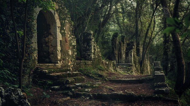 Photo ancient ruins lie hidden in the depths of the forest silent witnesses to the passage of time