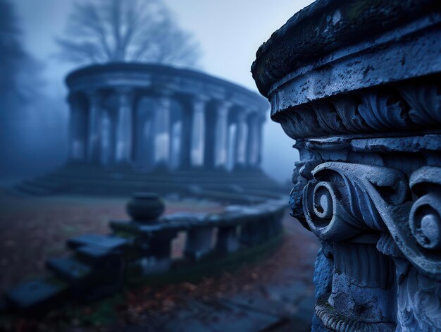 Photo ancient ruins in a misty landscape historical and grand historical cool tones photograph archaeological wonder