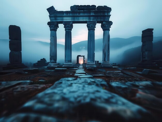 Ancient ruins in a misty landscape historical and grand Historical Cool tones Photograph Archaeological wonder