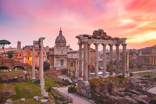 Ancient ruins of a Roman Forum or Foro Romano at sunsrise in Rome, Italy. View from Capitoline Hill