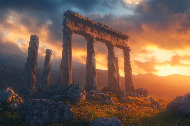 Ancient ruins at sunset showcasing classical architecture amidst nature