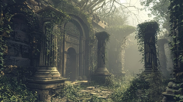 Ancient ruins with overgrown foliage Mysterious temple in jungle setting