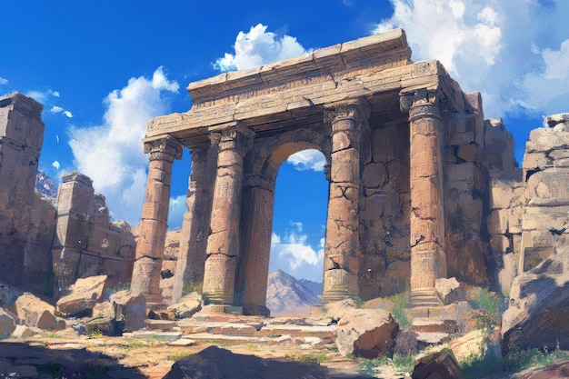 Ancient ruins with towering columns under a blue sky and scattered clouds