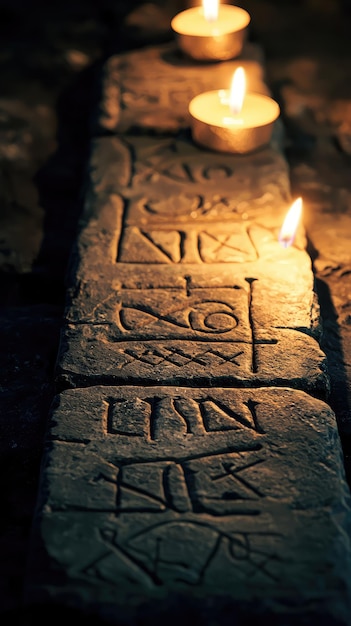 Ancient runes carved into stone tablet illuminated by candles create mystical atmosphere