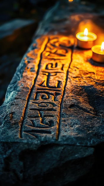 Photo ancient runes carved into stone tablet illuminated by candles create mystical atmosphere