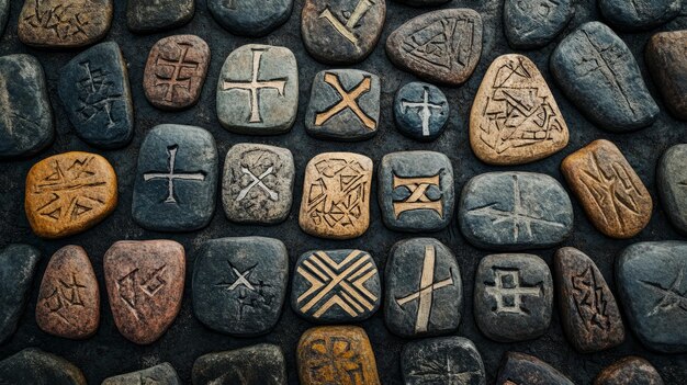 Photo ancient runes carved in stone a ceremonial flat lay 1