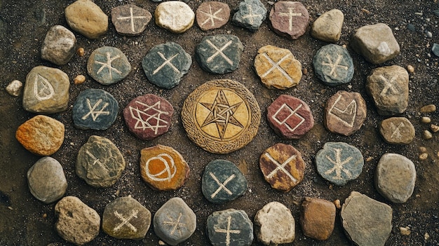 Photo ancient runes carved in stone a mystical flat lay