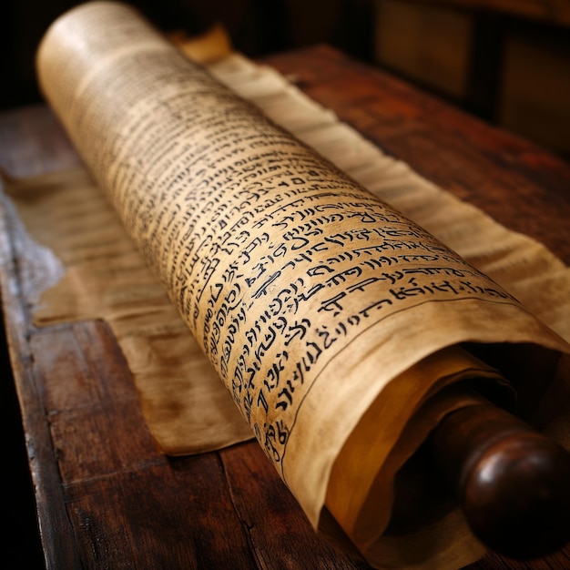 Photo an ancient scroll with hebrew script lies on a wooden table