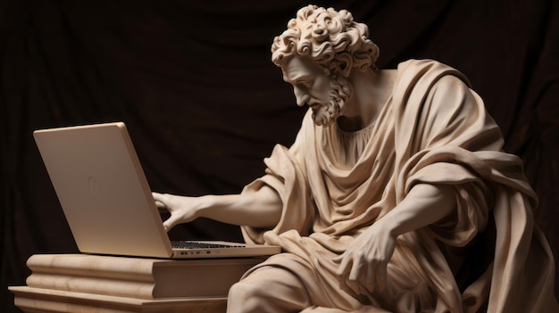 Ancient sculpture working with laptop