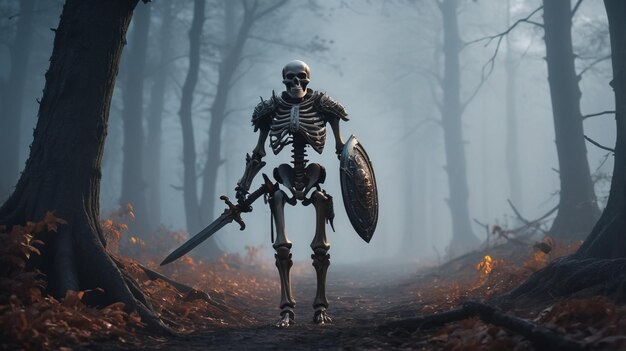 Photo ancient skeleton warrior in corroded armor