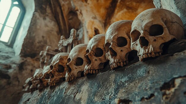 Photo ancient skull art in atmospheric settings generative ai