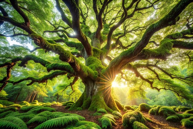 An ancient sorcerer oak tree closeup Moss fern emerald green leaves Sunlight through the branches Epic forest scene Concept art fantasy mythology fairy tale environmental