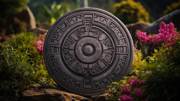 Ancient Spartan shield in floral garden