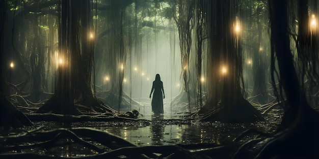 Photo ancient spirits guide travelers through mystical forest with ethereal presence concept lucid dreams enchanted forest magical creatures spiritual awakening