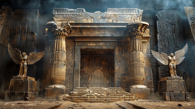 Photo ancient stone altar with hieroglyphs and cuneiform in a mysterious temple setting