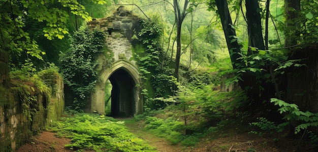 Ancient Stone Archway in Enchanted Forest Scene